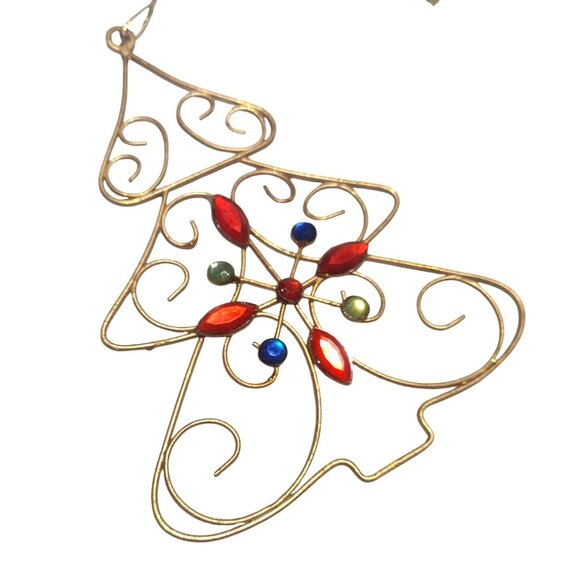 Gold Brass Christmas Tree Ornament With Colorful Gem Rhinestones Swirls 5" - Picture 2 of 5